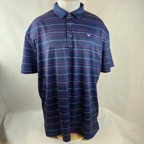 Callaway Golf Polo Mens XL Navy Blue Striped Opti-Dri Performance Shirt Stretch - Picture 1 of 7